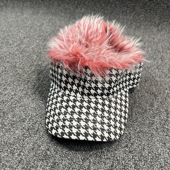 Everything Houndstooth Y2K Faux Fur Visor OS Pink Black White Festival Funky Hat — photo 2